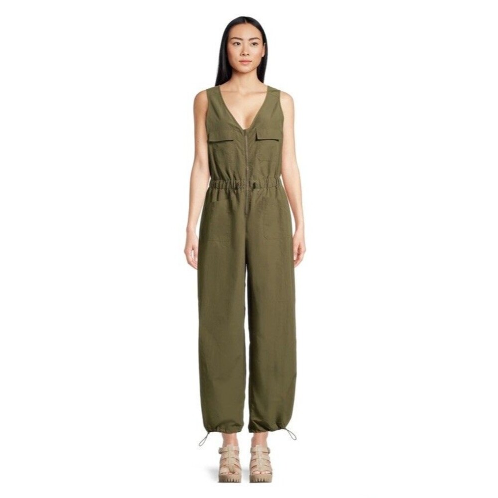 Madden NYC Parachute Jumpsuit V Neck Zip Up Sleeveless Utility Green Nylon 3XL